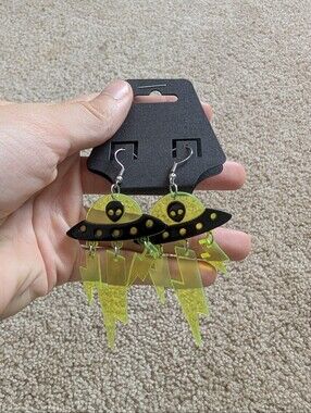Neon Yellow Alien UFO Dangle Earrings